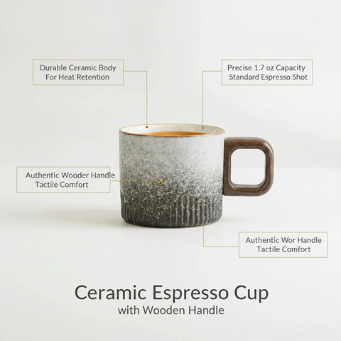 Premium Durable Ceramic Espresso Cup With Wooden Handle 1.7 Oz Demitasse showcasing heat retention and tactile comfort.