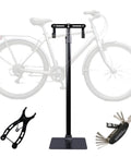 Heavy Duty Bike Floor Stand For Indoor Garage Upright Storage Rack With Adjustable Rubber Hooks for Road Mountain And EBikes, multi tool and plier