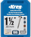 Zinc Pocket Hole Screws One And One Half Inch Coarse Thread Maxi-Loc Flat Bottom Head For DIY Woodworking Cabinetry And Furniture Indoor Use 100 Count Kreg packaging