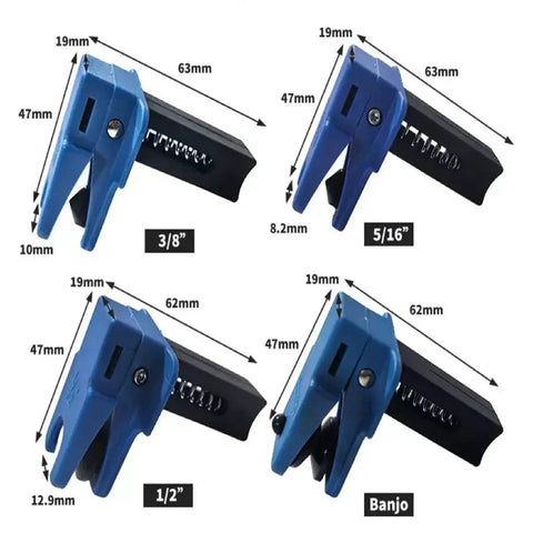 Universal Brake Line Clamp Kit For Most Cars, 4 Piece Set Auto Brake Line Plug Tool, Blue, dimensions shown for each clamp