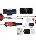 52CC Gas Walk Behind Sweeper Powered By A Muscle 2.3HP Two Stroke Engine components including brushes, motor, and accessories.