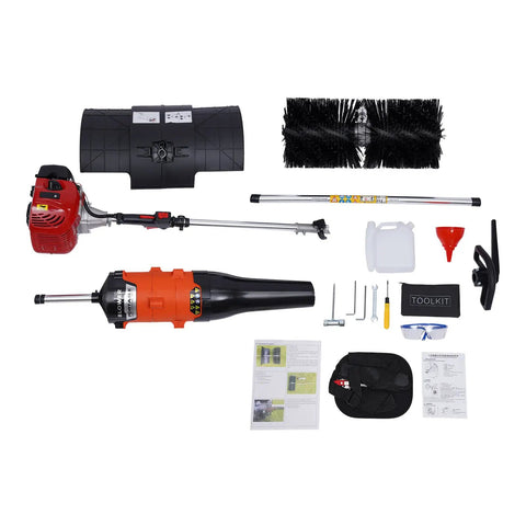 52CC Gas Walk Behind Sweeper Powered By A Muscle 2.3HP Two Stroke Engine components including brushes, motor, and accessories.