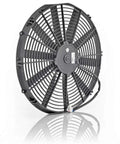 Be Cool 75058 Euro-Black 16 Inch Thin Line Electric Puller Fan with impact-resistant composite blades and sealed motor.