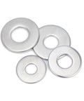 304 Stainless Steel Flat Washers Set 200 Pieces M1.6 To M30 Machine Screw Gaskets For Fasteners That Spread Load And Keep Clamps Tight, Rust Resistant, Ideal For Home, Workshop, Auto And DIY Projects. four stainless steel flat washers shown