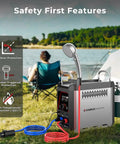 On Demand Propane Portable Water Heater For Camping With Built In Battery Tabletop Hot Shower Pump 20,500 BTU Instant Heat Quick 45 Degree Rise Lightweight 13.7 Lbs Your Go To Outdoor Shower Solution shown outdoors with tents and lake view