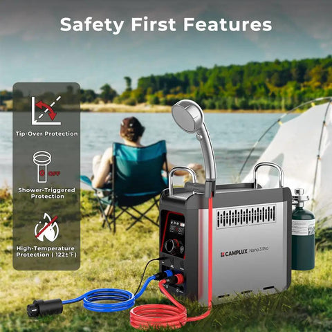 On Demand Propane Portable Water Heater For Camping With Built In Battery Tabletop Hot Shower Pump 20,500 BTU Instant Heat Quick 45 Degree Rise Lightweight 13.7 Lbs Your Go To Outdoor Shower Solution shown outdoors with tents and lake view