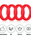 Four red silicone O-ring replacement gaskets for Stanley Classic Thermos lid.