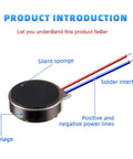 Flat Coin Vibration Motors 25 Pack Mini 10mm x 2.7mm DC 3V 12000 RPM Button Type Micro Vibe Motors showing solder interface and wires.