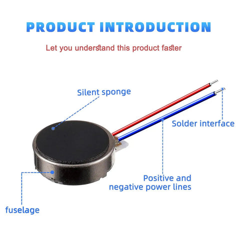 Flat Coin Vibration Motors 25 Pack Mini 10mm x 2.7mm DC 3V 12000 RPM Button Type Micro Vibe Motors showing solder interface and wires.