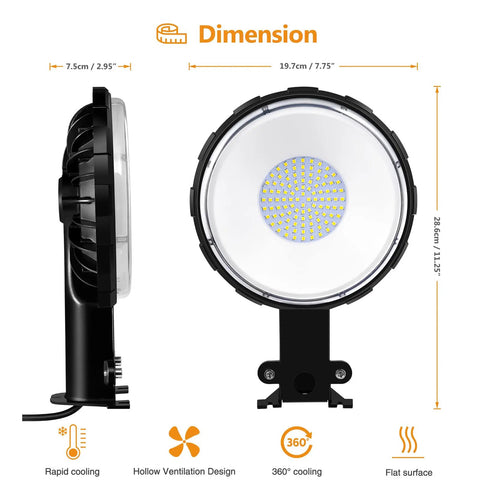Two Pack 100W LED Barn Light With Dusk To Dawn Sensor, 12000 Lumens, IP65 Waterproof Outdoor Security Flood Lamp side and front view