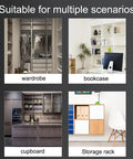 Heavy Duty Knockout Performer Invisibly Sliding Furniture Connectors For Home Makeover Cabinets And Closets No Sweat Install shown in wardrobe, bookcase, cupboard, storage rack.