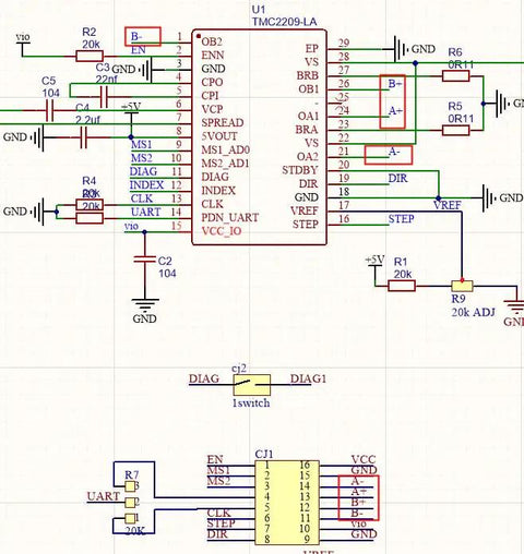 Circuit schematic for TMC2209 V2.0 Stepper Driver With UART showing electrical connections and components layout with UART interface.