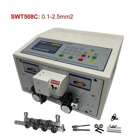 Heavy Duty Automatic Wire Stripper And Cable Cutter Machine For Electricians, SWT508C model, features adjustable settings for wires 0.1-2.5mm2.