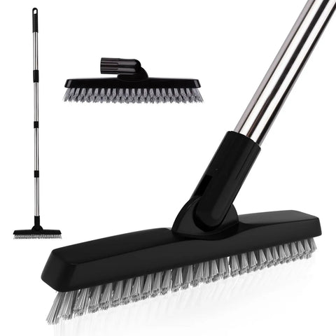 Grout Cleaning Brush With Adjustable Long Handle Swivel Head V Shaped Stiff Bristles Tile Scrubber close-up of bristle and handle