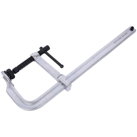 Heavy Duty 5.5 Inch Deep Throat F Clamp With 16 Inch Jaw Opening Black Oxide Spindle And Removable Swivel Pads for metal fabrication.