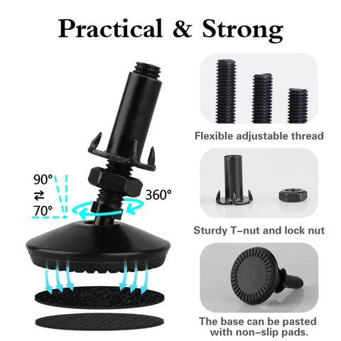 Set Of 4 M10 Screw In Adjustable Leveling Feet For Furniture Heavy Duty Self Levelers With T Nut 2 Inch Base Diameter And 2 Inch Bolt Length Black With Non Slip Rubber Or Felt Pads For Cabinets Tables And Chairs featuring flexible thread and sturdy T-nut with non-slip pad.