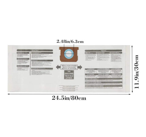 Diagram of 5 Pack Replacement Filter Bags For 5 To 8 Gallon Vacuums Type E with installation instructions and dimensions.