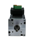Front view of NEMA23 integrated stepper motor with driver; silver front plate, black body, green terminal block