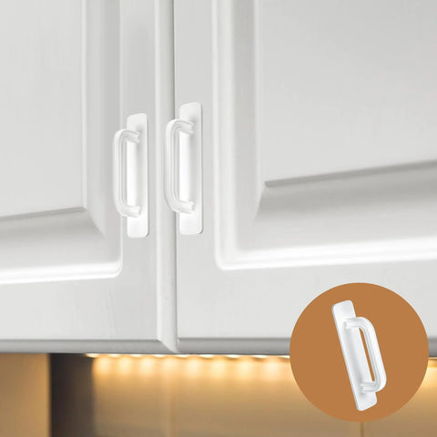 40 Piece White Peel And Stick Cabinet Handles Set With Double Sided Adhesive Strips Self Adhesive ABS Plastic Door Pulls Installed On Cabinet