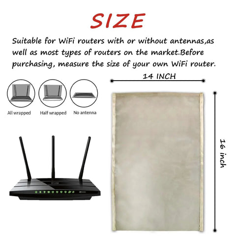 Premium Copper Nickel Polyester Faraday Cage WiFi Router Shield Cover 14x16 Inch Radiation Guard next to router illustration.