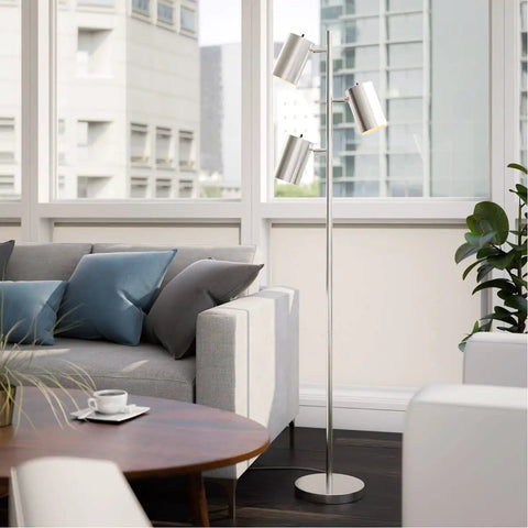 Ultra Tall Industrial Tree Floor Lamp With Three Adjustable Spotlights In Brushed Steel Finish, 64 Inches High, in modern living room.
