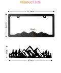 Two Pack Black Plastic Mountain License Plate Frames With Three Dimensional Mountain Design Includes Mountain Vinyl Sticker Screws And Caps For Your Ride Adventure Ready For Off Road And Hiking Fans, showing frame dimensions and mountain vinyl sticker.