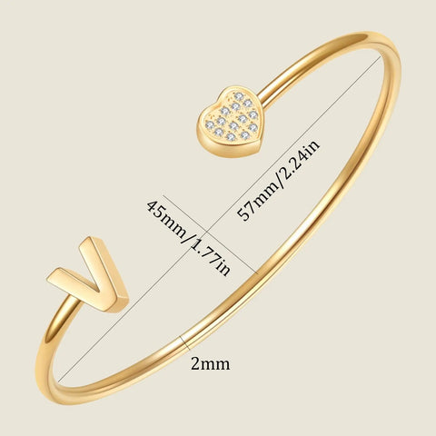 Personalized Dope Initial Letter Bangle For Women Gold Stainless Steel Heart Cuff With Zircon A To Z Name Pendant Adjustable