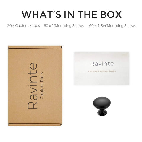 Matte Black Zinc Kitchen Cabinet Knobs And Drawer Pulls Set, 30 Pack box with screws and knob displayed