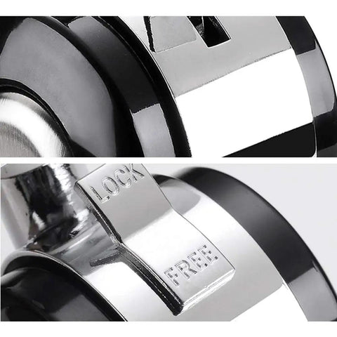 Close-up of Heavy Duty 50Mm Twin Wheel Casters With M6 Threaded Stem Smooth Rollin Black Nylon brake lock mechanism.