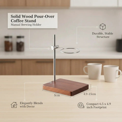 Premium Solid Wood Pour Over Stand, Compact Manual Brewing Holder For Coffee Dripper And Glass Carafe on kitchen counter.