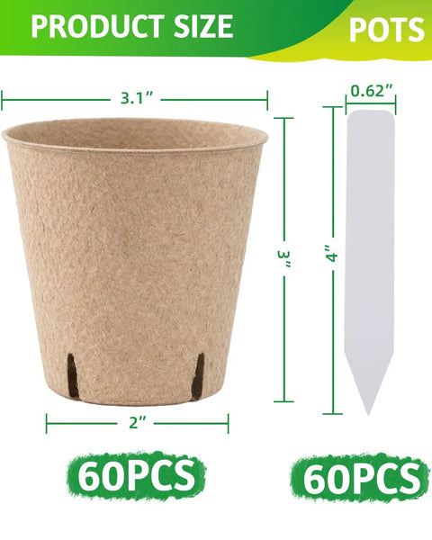 Image of Eco Friendly 3.15 Inch Peat Pots Set Of 60 Biodegradable Seed Starter Pots With 60 Labels, showing pot dimensions.