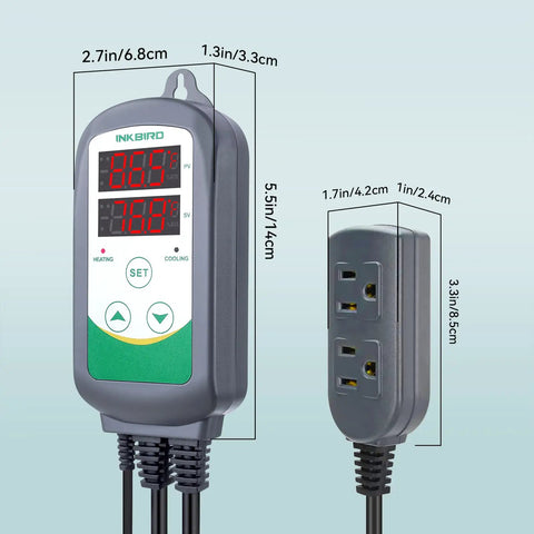 ITC308 Dual Outlet Digital Temperature Controller For Freezer And Heater Cooler 110V 1200W With Probe and plug measurements