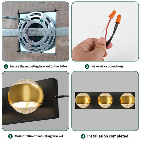 Modern Up and Down LED Vanity Light 36W installation steps with black gold finish, ideal for bathrooms and living spaces.