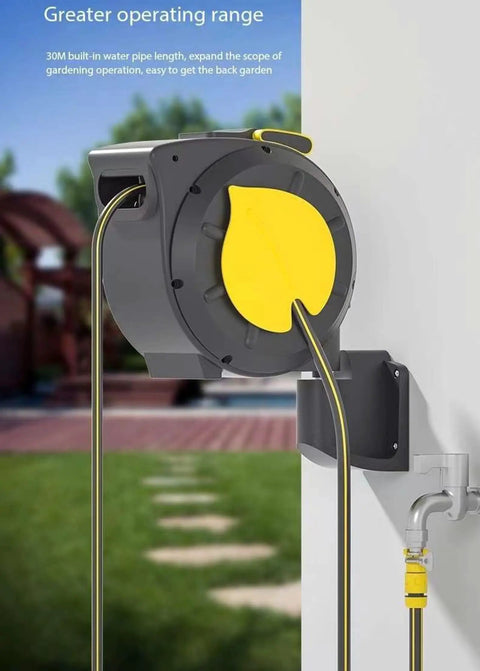 Hassle Free Wall Mounted Hose Reel With No Sweat Auto Rewind And Slick 180 Degree Swivel Bracket For Tangle Free Patio Garden Watering Holding Up To 32 Meters Of Heavy Duty Hose, showing hose extending from wall mount.