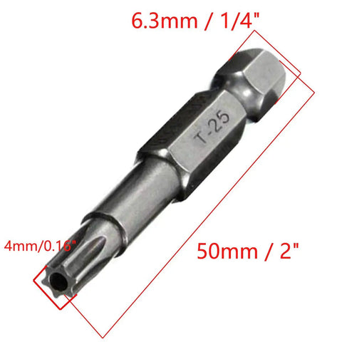 Real Deal 10 Piece T25 Torx Security Bit Set With Crazy Strong Magnetic Quarter Inch Hex Shank Built Tough Alloy Steel Driver Kit for T25 bit with dimensions.