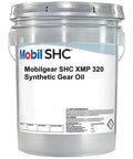 Mobilgear SHC XMP 320 Full Synthetic Gear Oil Pail, 5 gallon container designed for heavy duty industrial use.