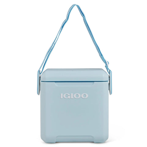 Powder Blue 11 Qt Tag-Along Two Strapped Picnic Style Cooler With Hands Free Crossbody Strap, front view, lid closed