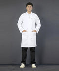 Person wearing Ultra Comfortable Unisex White Lab Coat For Men And Women 40 Inch Premium Poly Cotton Blend Spacious Pockets Durable And Easy Care