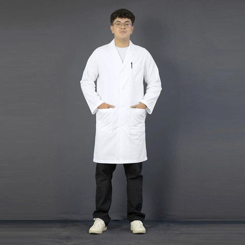 Person wearing Ultra Comfortable Unisex White Lab Coat For Men And Women 40 Inch Premium Poly Cotton Blend Spacious Pockets Durable And Easy Care