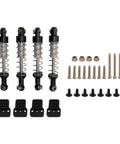 Adjustable Oil Shock Absorbers For 1/18 1/16 RC Crawlers, 4 Metal Black Shocks Kit with mounts and screws, top view.