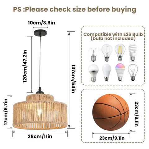 Totally Vibe Ready 2 Pack Rattan Pendant Lights, handwoven wicker lamps with 11in shade and 47in cord, compatible with E26 bulb.