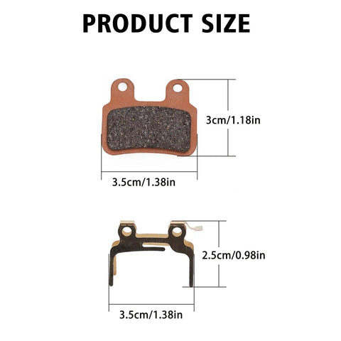 Product size dimensions for beefed up ceramic e bike brake pads for XD KLBS DOT4 hydraulic brakes front and rear.