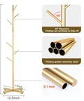 Freestanding Metal Coat Rack With Eight Hooks For Entryway Or Office, Easy To Assemble Modern Coat Tree In Golden Finish, Ideal For Coats, Bags, Hats, Scarves, And Accessories, Dope Space Saving Sleek Design, diagram showing dimensions and stainless steel details