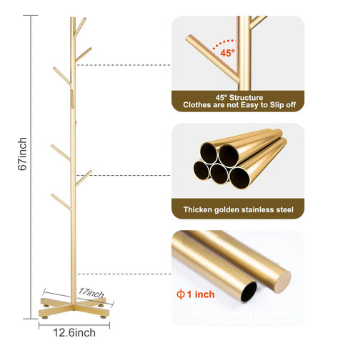 Freestanding Metal Coat Rack With Eight Hooks For Entryway Or Office, Easy To Assemble Modern Coat Tree In Golden Finish, Ideal For Coats, Bags, Hats, Scarves, And Accessories, Dope Space Saving Sleek Design, diagram showing dimensions and stainless steel details