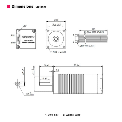 Front, side and top views: NEMA 11 integrated servo motor with built-in multi-turn encoder and CAN bus cable