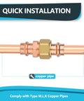 Copper Press Union Fitting One Half Inch By One Half Inch, Press Fit Copper Coupling for tubing, leak proof pressure union close-up