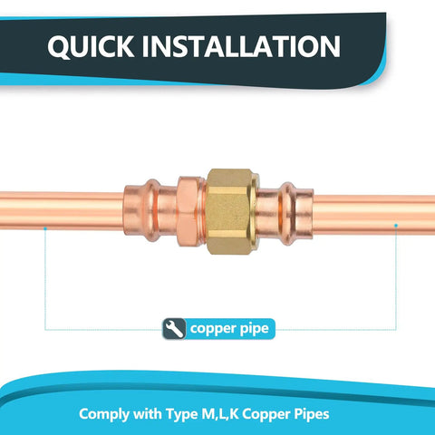 Copper Press Union Fitting One Half Inch By One Half Inch, Press Fit Copper Coupling for tubing, leak proof pressure union close-up