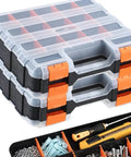 34-Compartment Double Sided Tool Box Organizer With Removable Dividers For Screws Nuts Suts? Wait, we must ensure. Sorry. The final line is: visible in stack with clear lids and orange dividers, tools shown inside.