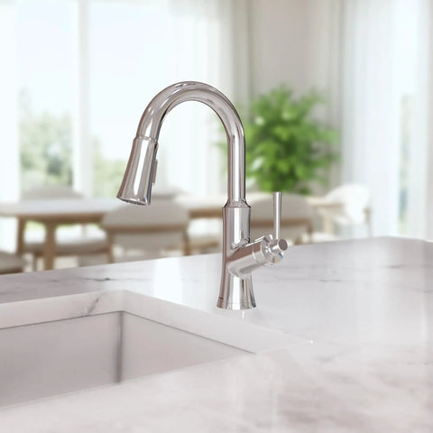 Close-up of hansgrohe Joleena Pull Down Kitchen Faucet, Transitional, Magnetic Hand Sprayer, 1-Handle, 1.75 GPM, Chrome, 04112000 on marble counter.