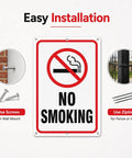 Heavy Duty No Smoking Signs For Business And Restaurants, 10 X 7 Inch Aluminum Metal No Vaping Wall Plaque With Rounded Edges, Rust Free Easy Hang Indoor Outdoor 4 Pack with installation details.